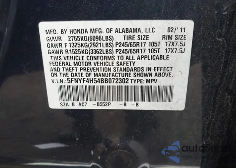 2011 Honda Pilot Ex-L from USA, damaged, VIN 5FNYF4H54BB072302